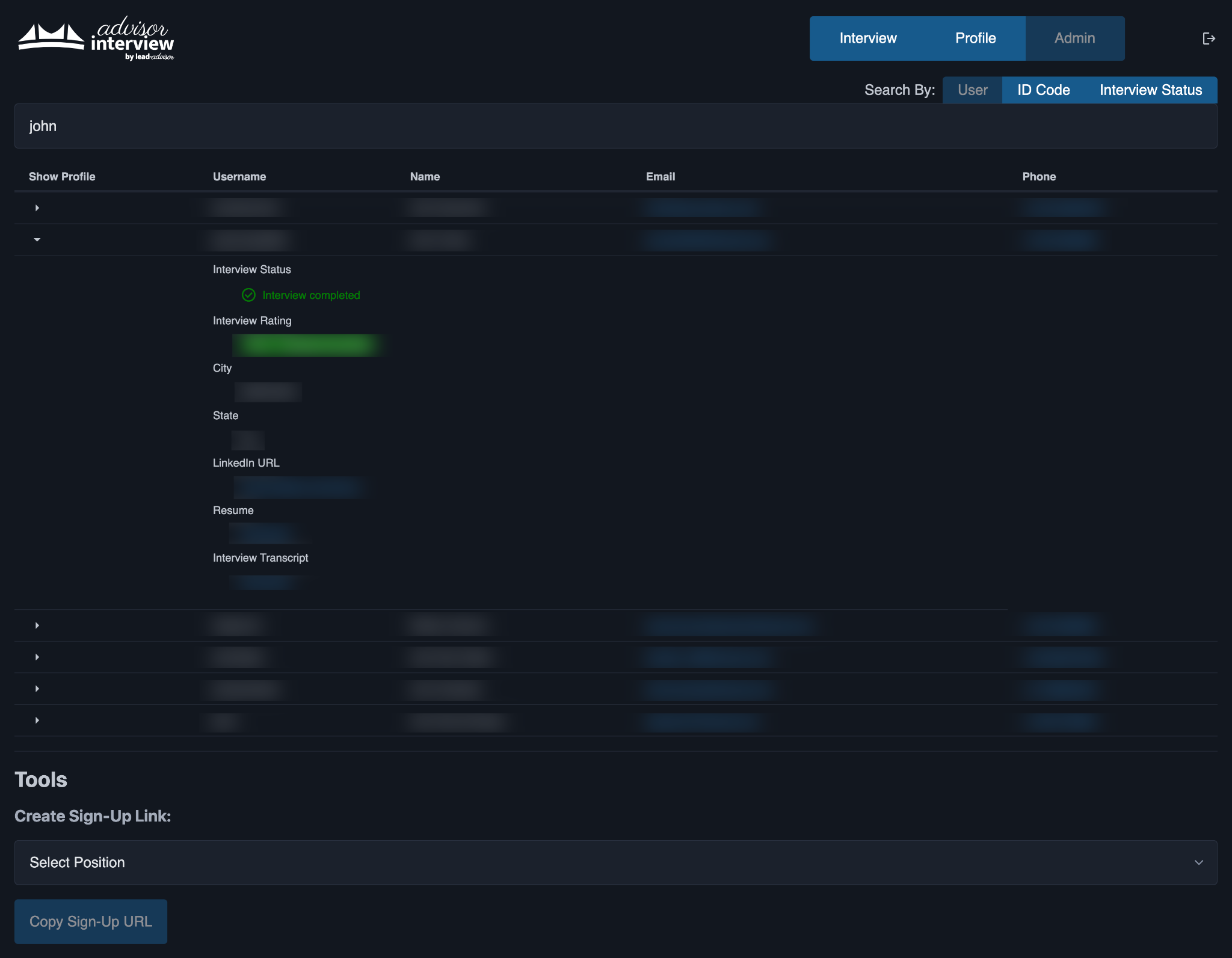 Advisor Interview administrative review and search screen