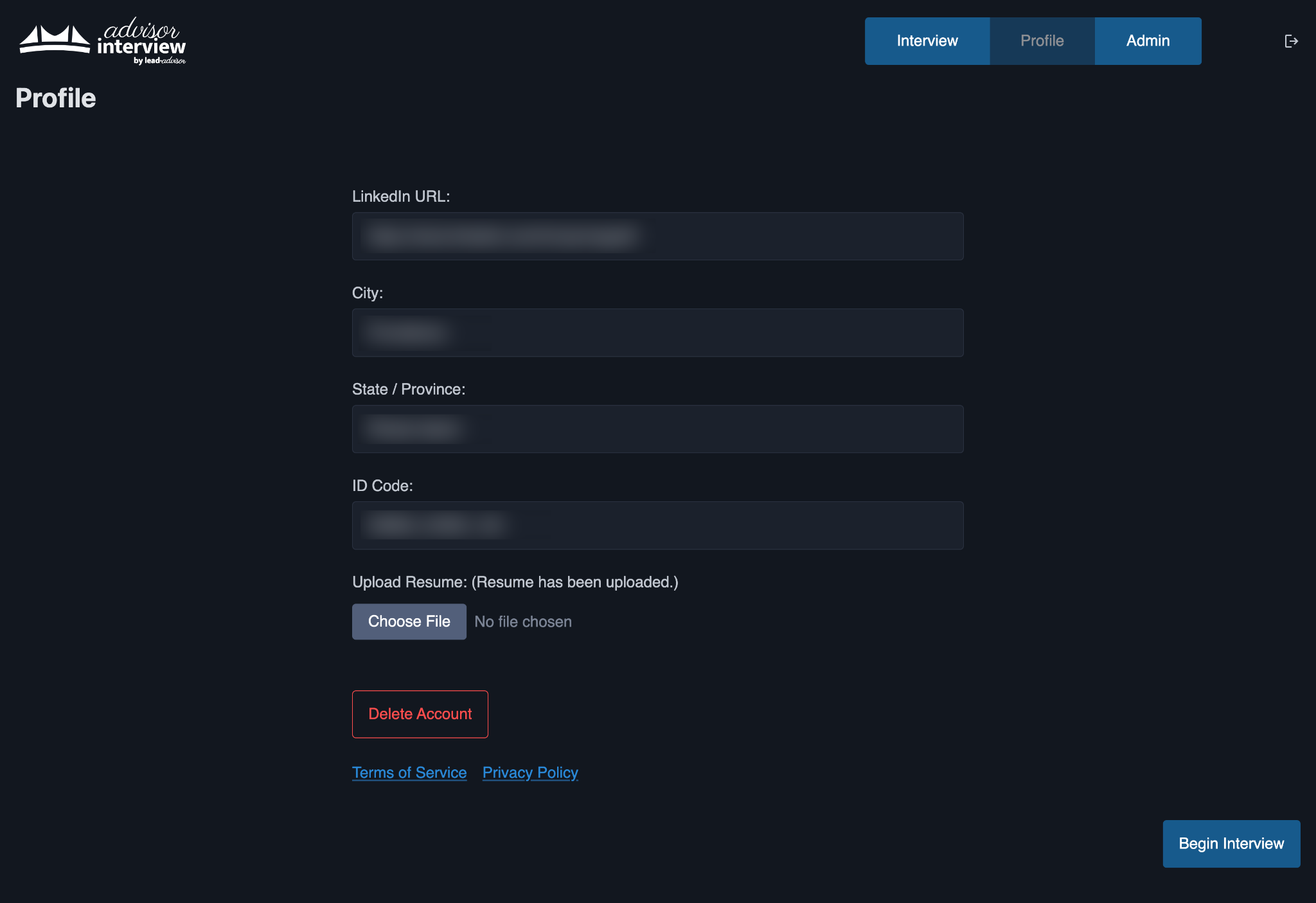 Advisor Interview candidate profile screen