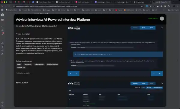 Advisor Interview AI interview and administrative product screens