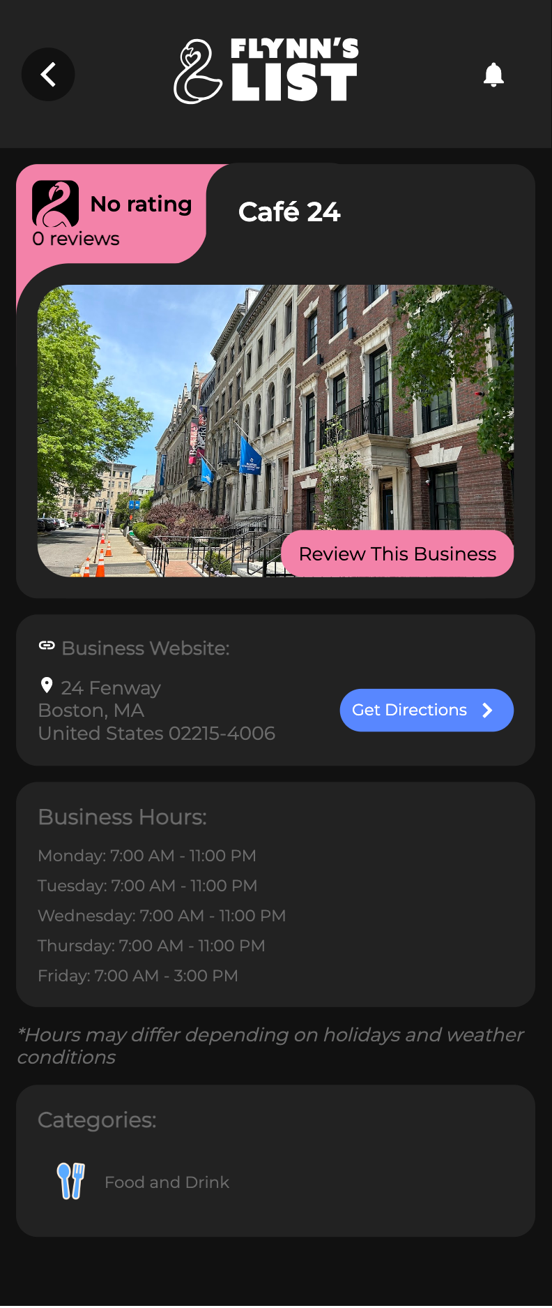 Flynn's List business detail screen
