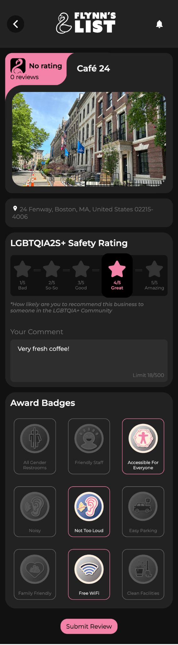 Flynn's List business safety review screen