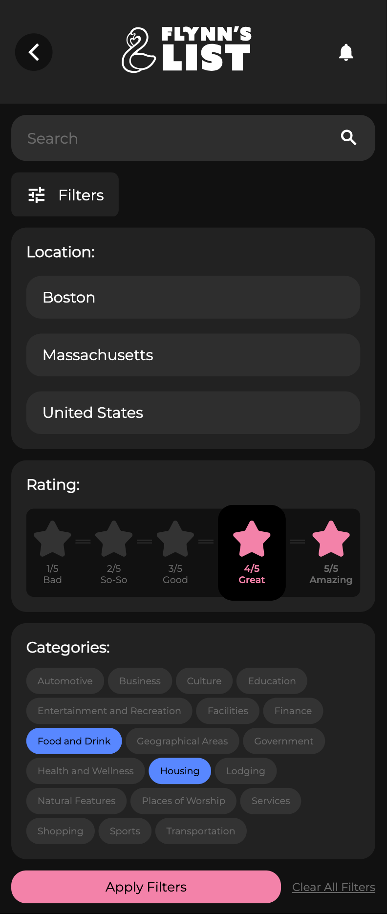 Flynn's List business search and filtering screen
