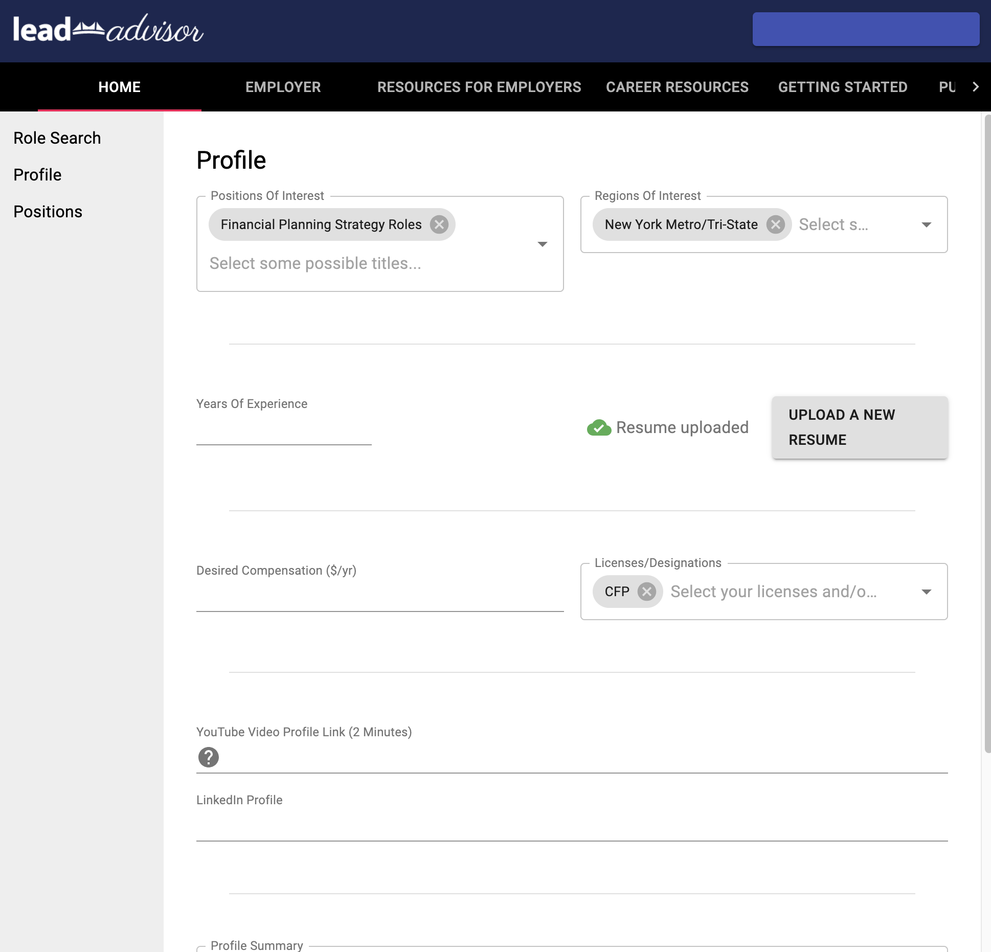 Lead-Advisor Careers candidate profile screen