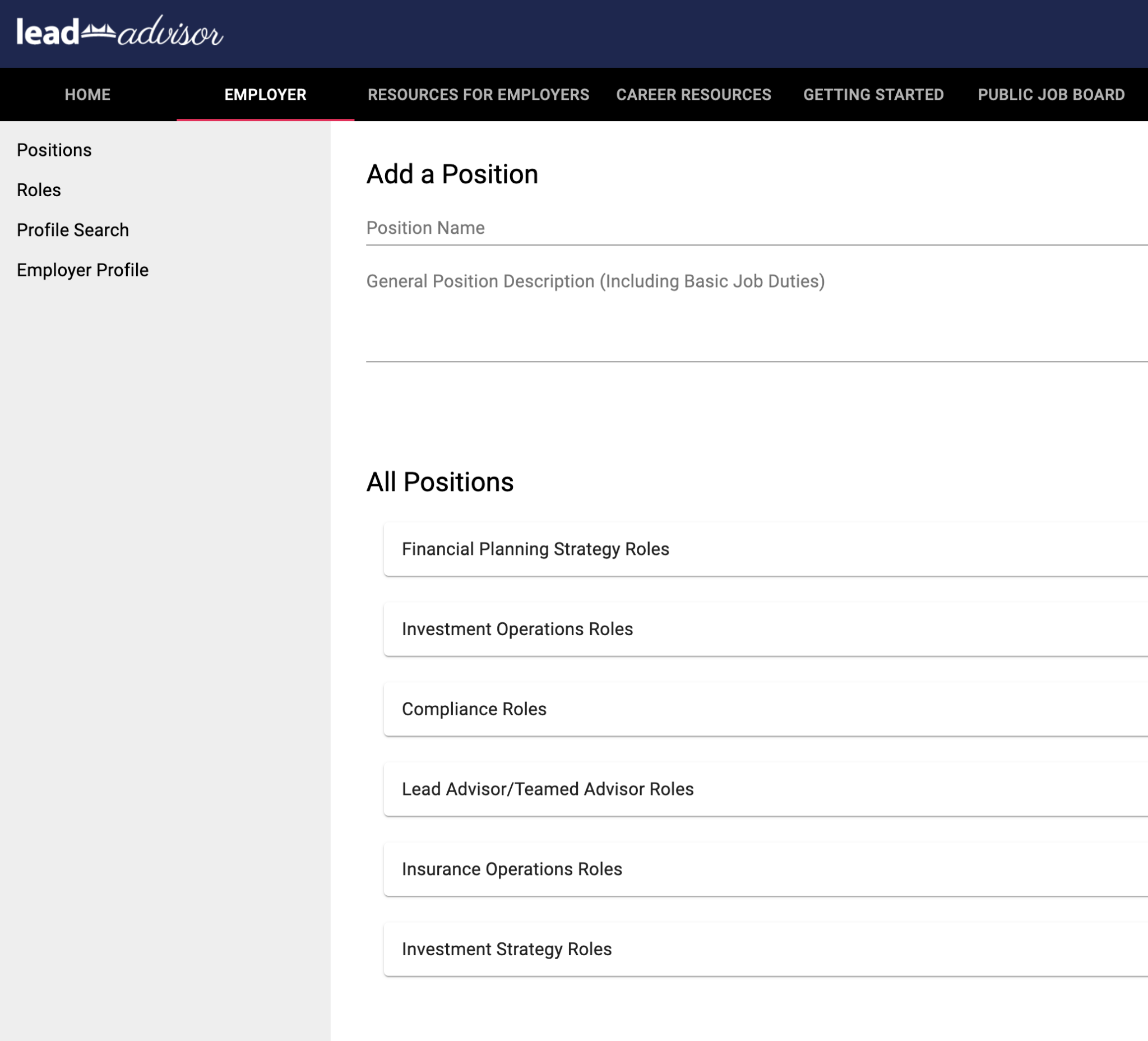Lead-Advisor Careers employer position management screen